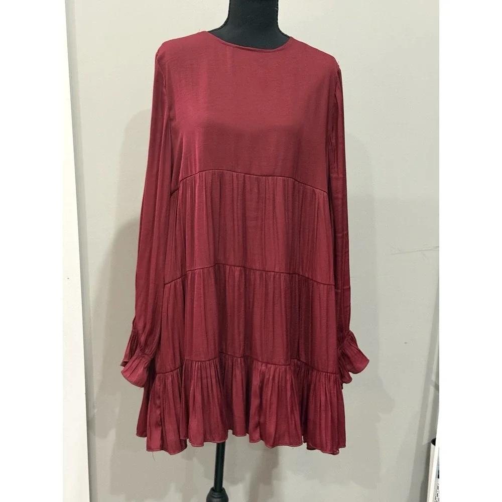 Maroon Tiered Mini Dress Boho‎ Chic Romantic Coquette L Flowy Dollette Feminine